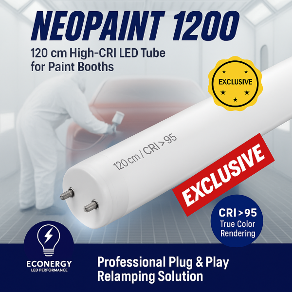 NEOPAINT 1200 high CRI LED tube for paint booths by Econergy – 120 cm, CRI >95, resistant to 70°C baking, 7-year warranty